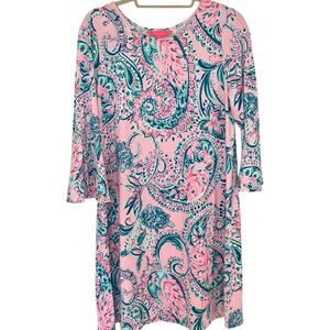 Lilly Pulitzer Ophelia Swing Dress Pink Tropics Tint Paisley Flared Sleeve Large